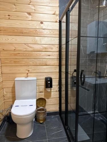 a bathroom with a toilet and a wooden wall at Kiana Bungalov in Ardeşen