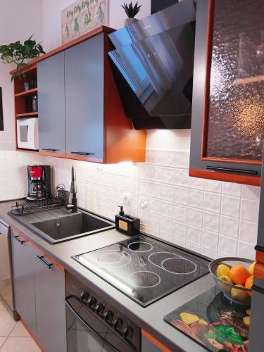 a kitchen with a sink and a stove top oven at Apartment Volosko View in Opatija