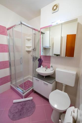 a bathroom with a shower and a toilet and a sink at Apartman Doris in Lovran