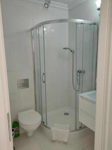 a white bathroom with a shower and a toilet at Fryderyk in Krynica Morska