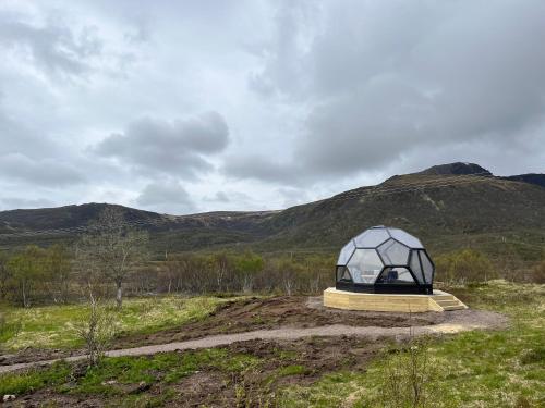 un invernadero en un campo con montañas en el fondo en Bestefarhaugen - The cozy house on the hill - with a dome en Bø