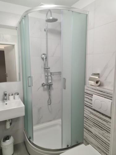 a shower with a glass door in a bathroom at Apartments Julijana 2 in Privlaka
