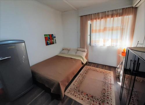ein kleines Schlafzimmer mit einem Bett und einem Fenster in der Unterkunft Apartman Mima in Jagodina
