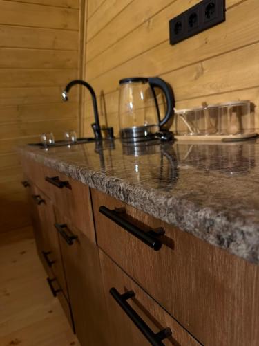 a kitchen with a counter with a sink and a mixer at Vista cottage in Stepantsminda
