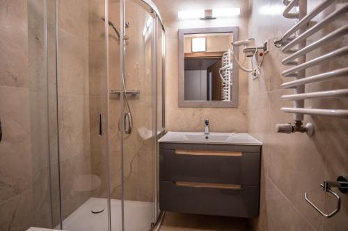 a bathroom with a sink and a shower at Nad Zatoką in Bryzgiel