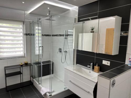 een badkamer met een glazen douche en een wastafel bij Sonneck Schonach in Schonach