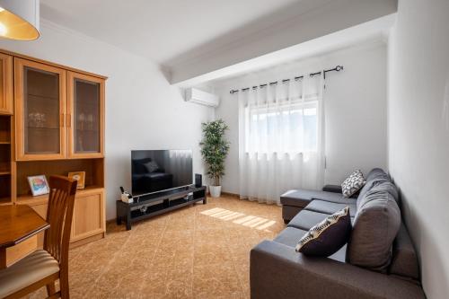 a living room with a couch and a television at Porto Santo Apartment in Nazaré