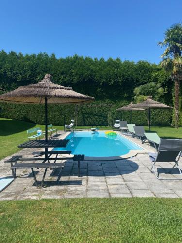 una piscina con sombrillas y tumbonas en Casas do Travasso - Quinta da Galinha, en Lamego