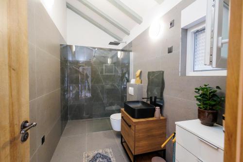 a bathroom with a shower and a toilet in it at Luxury Villa Andrea Vrzika in forest near the sea with heated pool in Zagvozd