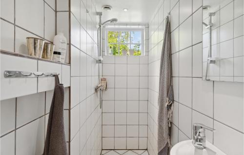 a white tiled bathroom with a sink and a toilet at Awesome Home In Hornbk With Wifi in Hornbæk