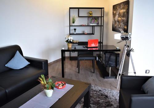 ein Wohnzimmer mit einem Sofa und einem Schreibtisch mit einem Laptop in der Unterkunft Luxusferienwohnung mit Panoramablick in Köln Zentrum in Köln