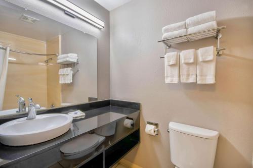 La salle de bains est pourvue d'un lavabo, de toilettes et d'un miroir. dans l'établissement Studio 6-San Antonio, TX - Medical Center, à San Antonio