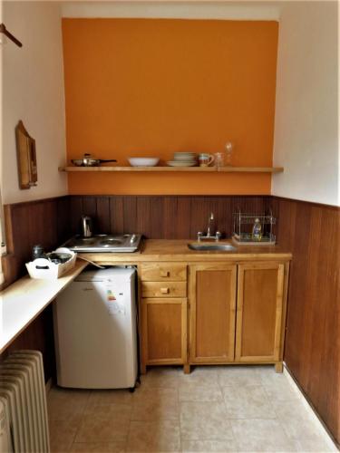 uma cozinha com um frigorífico branco e armários de madeira em Patagonia Andina em Zapala