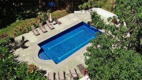 an overhead view of a swimming pool with lounge chairs at Surf Synergy All-Inclusive Surf and Wellness Retreat in Jacó