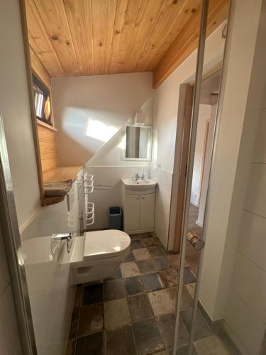 a small bathroom with a toilet and a sink at Stajnia Lipowo 45 in Lipowo
