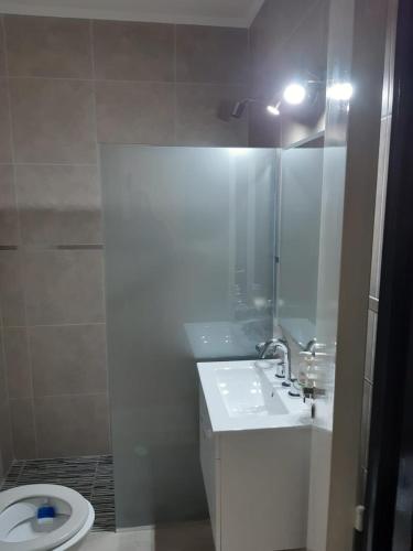 La salle de bains est pourvue de toilettes, d'un lavabo et d'une douche. dans l'établissement Dto por día en Bahía Blanca, à Bahía Blanca