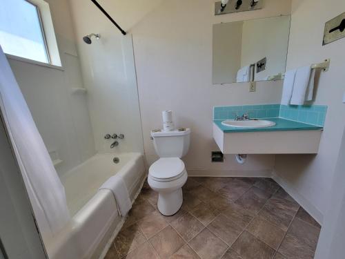 a bathroom with a toilet and a sink and a tub at Stellar Motel in Port Orchard