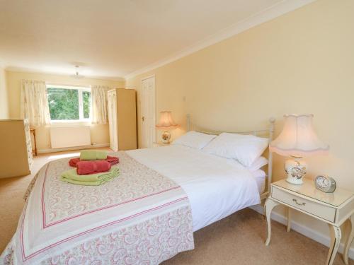 a bedroom with a large white bed and a window at Britannia Cottage in Llanrhystyd