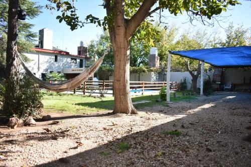 una hamaca colgando de un árbol en un patio en Departamentos El Nogal en Mina Clavero