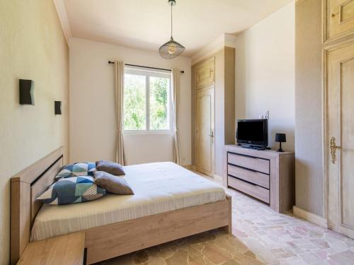 um quarto com uma cama, uma televisão e uma janela em Spacious holiday home in Saint-Julien-du-Verdon with garden em Saint-Julien-du-Verdon