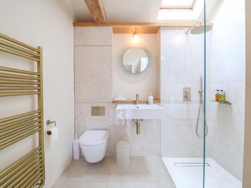 a bathroom with a toilet and a sink and a shower at The Cart Lodge at Grove Barn in Eye