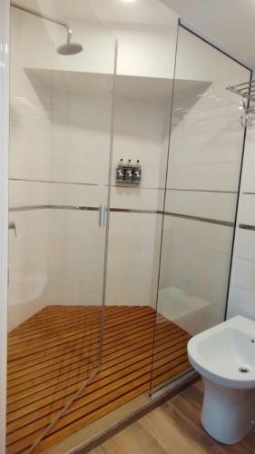 a bathroom with a glass shower with a toilet at Salta Suite in Salta