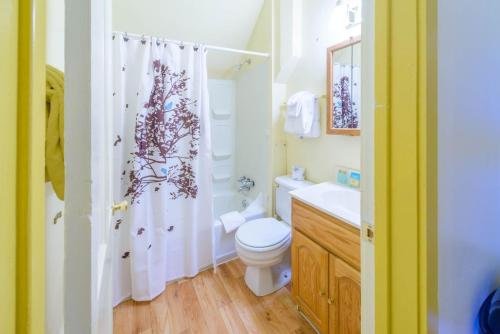 a bathroom with a toilet and a shower curtain at Panguich Red Brick Homes upper Home in Panguitch