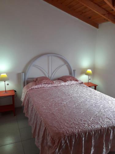 un letto in una camera da letto con due lampade su due tavoli di Complejo Turístico Luz de Luna a El Bolsón
