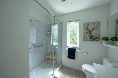 a white bathroom with a shower and a toilet at Le Rétro Chic à Mont-Tremblant in Mont-Tremblant
