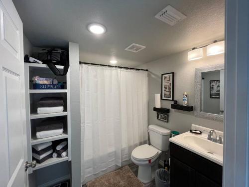 a bathroom with a toilet and a sink and a shower at ComfyStay in Gladewater