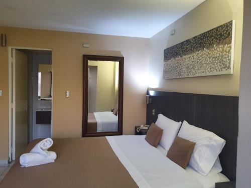 a bedroom with a large bed and a large mirror at Red Hotel Centric Santiago in Santiago