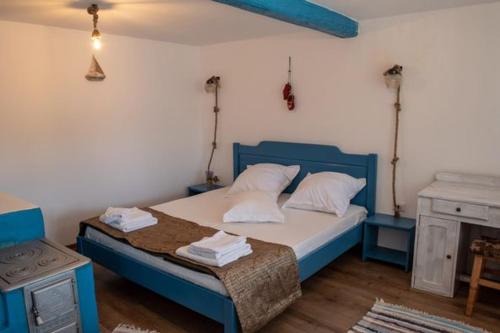 um quarto com uma cama azul e 2 almofadas em Casa Dima Sarichioi em Sarichioi