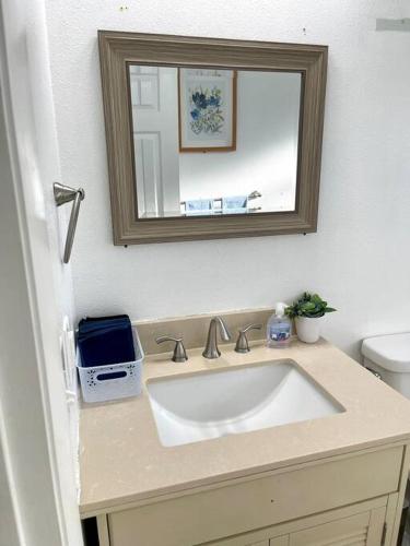 a bathroom with a sink and a mirror at Peaceful Home in Central Florida Near Universal in Orlando