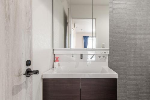 a bathroom with a white sink and a mirror at Ici Japon Village in Tokyo