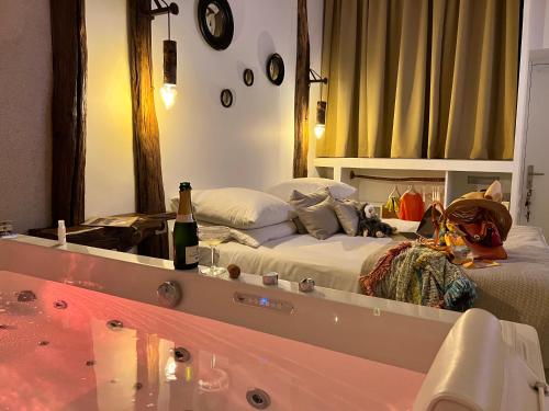 a bedroom with two beds and a mirror at Tamarin & Capucin Suite Balnéo in Aubagne