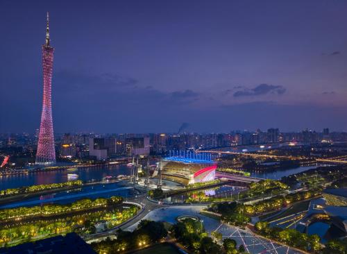 a view of the eiffel tower at night at The Ritz-Carlton, Guangzhou in Guangzhou