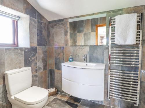 a bathroom with a toilet and a sink at Orcaber Farmhouse in Lancaster