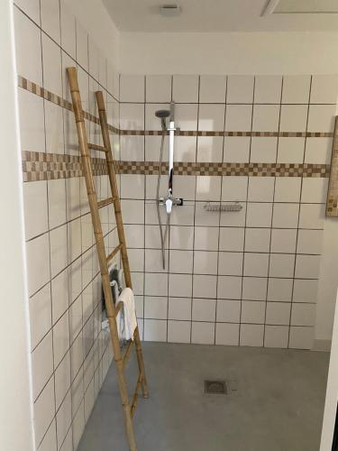 - une échelle devant un mur carrelé dans la salle de bains dans l'établissement Hôtel Lou Caleù restaurant le Rocher des Abeilles, à Saint-Martin-de-Castillon
