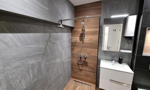 a bathroom with a shower and a white sink at Luxury Quiet Apartment in the City Center in Plovdiv