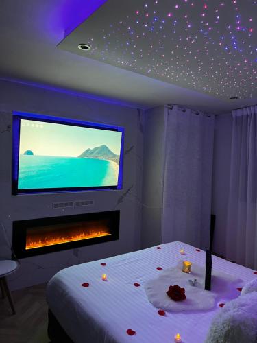 普蘭·德·庫奎斯的住宿－The Love Room Marseille，一间卧室配有一张床,墙上配有电视