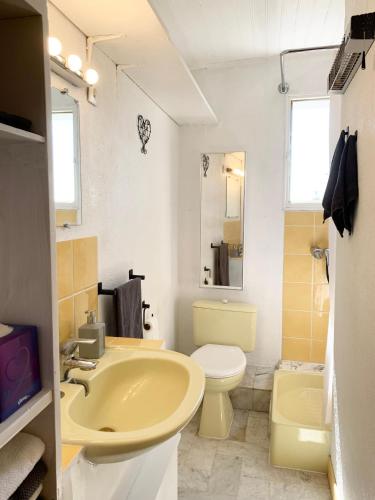 La salle de bains est pourvue d'un lavabo jaune et de toilettes. dans l'établissement Coeur de Lorgues, à Lorgues