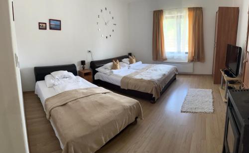 a hotel room with two beds and a television at Francesco Apartmanház in Velence