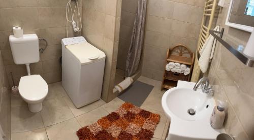a bathroom with a white toilet and a sink at Francesco Apartmanház in Velence