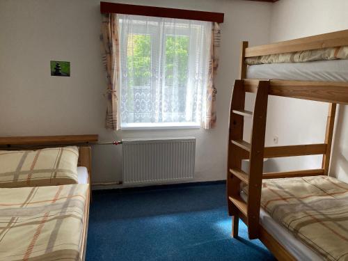 a bedroom with two bunk beds and a window at Kamila - ubytování v Krkonoších in Dolni Dvur