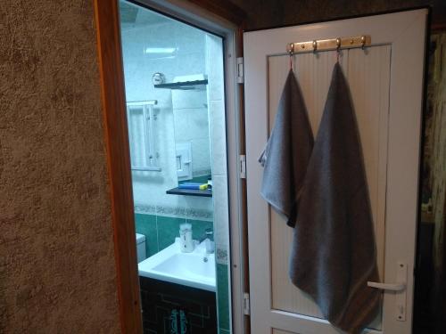 baño con lavabo y toalla colgada de una puerta en cozy home, en Baku