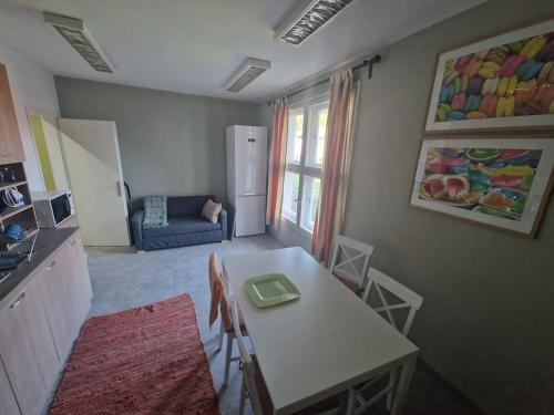 a kitchen with a table with a green plate on it at La Maison Ruse Apartments in Ruse