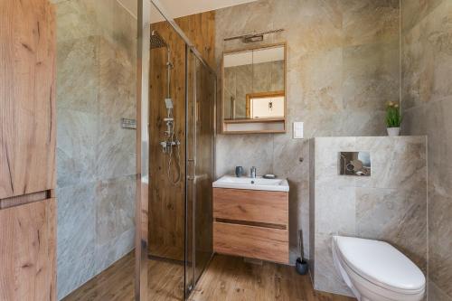 W łazience znajduje się prysznic, toaleta i umywalka. w obiekcie Domki Pieniny w mieście Grywałd
