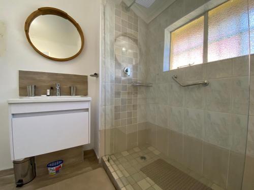 ein Bad mit einer Dusche, einem Waschbecken und einem Spiegel in der Unterkunft Fuhri Road Apartments Madison House in Alberton