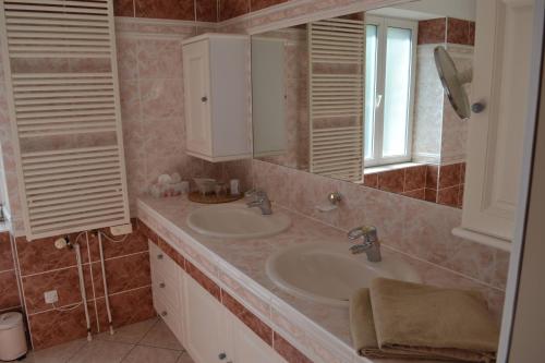 ein Bad mit einem Waschbecken und einem Spiegel in der Unterkunft Aux Gîtes de l'Étang - Thannenkirch Bergheim in Thannenkirch