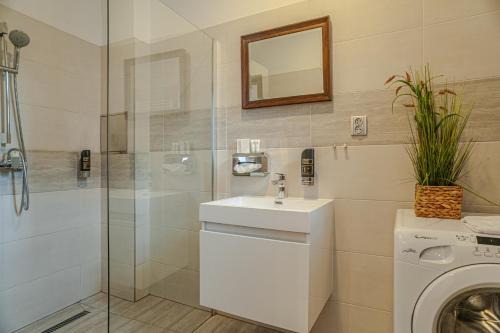 a bathroom with a sink and a washing machine at STING Boutique Apartments in Ostrava